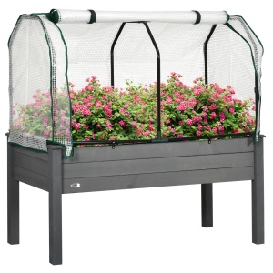 Pat pentru Grădină Ridicat cu Acoperiș din PE, Jardinieră Ridicată din Brad cu 4 Găuri de Drenaj, pentru Flori și Legume, pentru Grădină, Balcon, 121x55x117 cm, Gri Închis - Img 1