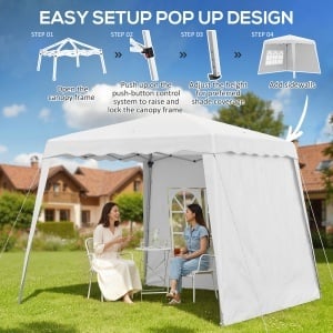 Pavilion pliabil cu 2 laterale, Stalpi oblici si geanta de transport, cort de evenimente inaltime reglabila UV50+, cort de gradina, curte, acoperis 2,4 x 2,4 m / baza 2,9 x 2,9 m, alb - Img 5