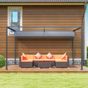 Pergolă Gazebo 4x3 m cu Acoperiș Retractabil, Orificii de Drenaj, Țepușe și Șuruburi, Pergolă pentru Grădină din Poliester și Metal, Gri Închis - Img 9