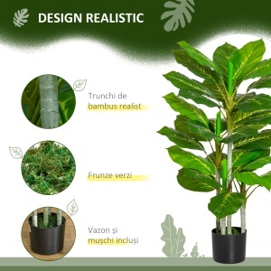 Plantă Artificială cu 33 de Frunze pentru Uz Interior și Exterior cu Ghiveci, Plantă Falsă în PEVA, PE și Ciment, 95 cm, Verde - Img 5