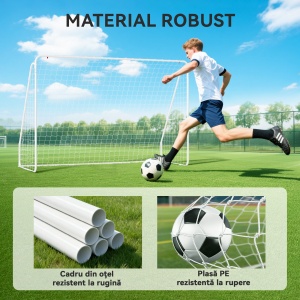 Poartă de Fotbal pentru Grădină și Parc cu 6 Pari în formă de U, din PE și Metal Eposidic, 301x120x200 cm, Alb - Img 6