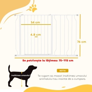 Poartă de Siguranță pentru Câini din Oțel și ABS, Poartă Extensibilă pentru Câini pentru Scări și Uși, 75-115 cm, Alb - Img 3