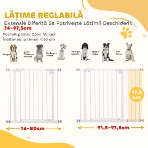 Poartă Extensibilă pentru Câini cu Montare prin Presiune, Barieră Închidere Automată și Extensie, 86x76.2 cm, Alb - Img 4