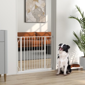 Poartă pentru Câini, Barieră Largă pentru Scări cu Ușă, 76x75-95 cm, Alb - Img 2