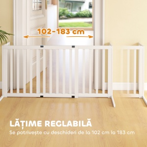 Poartă pentru Câini de Talie Medie și Mică Extensibilă Autoportantă din Lemn, 102-183x57x70 cm, Albă - Img 4