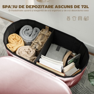 Pouf pliabil cu spațiu de depozitare modern, tapițat cu catifea, 72L, pentru living și dormitor, 76x38x35 cm, Roz - Img 4