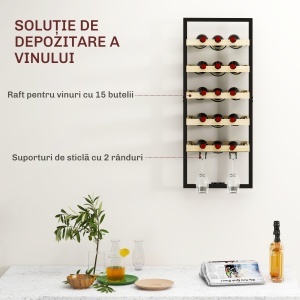 Raft de Perete pentru Sticle din Lemn și Oțel, Suport pentru 15 Sticle de Vin și 4 pahare, 35x25x86 cm, Natural - Img 4