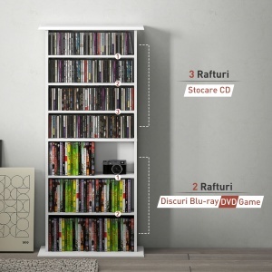 Raft pentru CD-uri cu 6 rafturi reglabile, capacitate de 360 CD-uri/185 DVD-uri, 58x24x124.5 cm, alb - Img 8
