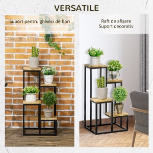 Raft pentru Plante cu 4 niveluri din Metal și Lemn de Brad pentru Interior și Exterior, 34x34x66 cm, Natural - Img 6