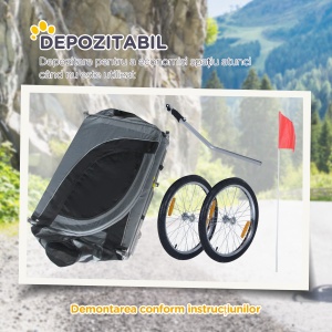 Remorcă Bicicletă pentru Câini Talie Medie cu Ferestre Laterale și Steag, 130x73x90 cm, Gri și Negru - Img 5