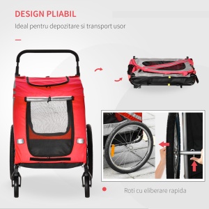 Remorca de bicicleta pentru caini 2-in-1 Carucior animal de companie Carucior bicicleta Atas de calatorie cu cadru de otel cu reflectoare universale de roti si steag rosu - Img 7
