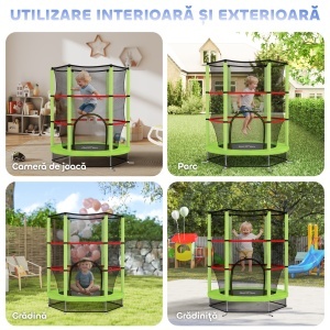 Saltea Elastică pentru Copii 3-6 Ani cu Plasă de Protecție, 6 Stâlpi și 3 Intrări, Ø140x190 cm, Verde - Img 9