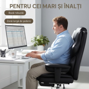 Scaun de birou cu suport pentru picioare și tetieră, din piele PU, spumă și metal, 76x73x117-125 cm, negru - Img 6