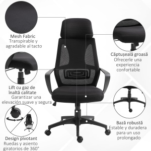 Scaun de Birou Ergonomic cu Brațe și Tetieră Reglabilă, Scaun Pivotant cu Suport Lombar, 64x55x116-126 cm, Negru - Img 7