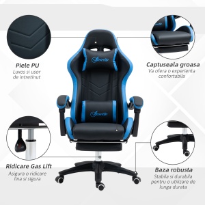Scaun de gaming din piele ecologica PU si otel cu inaltime reglabila si spatar inclinabil, 65x65x121-129 cm, albastru si negru - Img 7