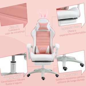 Scaun de Gaming Ergonomic cu Urechi de Iepure și Suport pentru Picioare Extensibil, 65x63x136-142 cm, Roz - Img 8