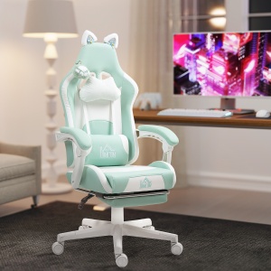Scaun de Gaming Reclinabil cu Suport pentru Picioare și Perne, din Piele Artificială și Spumă, 65x62x116-124 cm, Albastru și Alb - Img 2