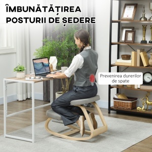 Scaun pentru genunchi cu balansare, din țesătură cu aspect de in și lemn, Gri - Img 4