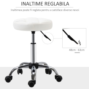 Scaun Rotativ cu Roti, Rotund, Scaun pentru Coafor și Estetician cu Înălțime Ajustabilă, Tapițat în Piele Ecologică, Ø35.5x51-67 cm, Alb - Img 4