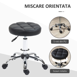 Scaun Rotativ cu Roti, Rotund, Scaun pentru Coafor și Estetician cu Înălțime Ajustabilă, Tapițat în Piele Ecologică, Ø35.5x51-67 cm, Negru - Img 6