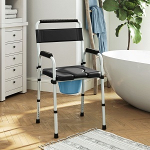 Scaun Toaletă Pliabil cu Găleată Detașabilă, Brațe și Spătar din Oțel și Piele PU, 52,5x46x81,5-97 cm, Negru - Img 2