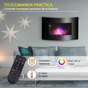 Șemineu Electric de Perete din Inox și Sticlă Temperată, Putere 900W/1800W, Design Modern pentru Casă și Birou - Img 5