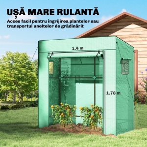 Seră de Grădină cu Acoperiș Înclinat, 2 Ferestre și Ușă Rulabilă, Seră pentru Legume cu Structură din Oțel, Acoperire din PE Anti-UV, pentru Legume, Flori, Plante, 196x77x197 cm, Verde - Img 5