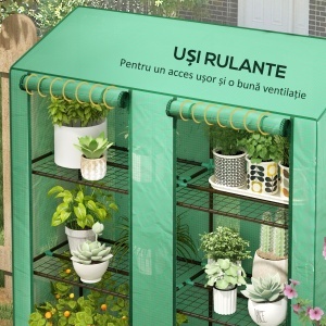 Seră de Grădină cu Copertină din PE, Seră cu Acoperiș Înclinat, 2 Uși Rulante și 6 Rafturi, 143x46x151cm, Verde - Img 6