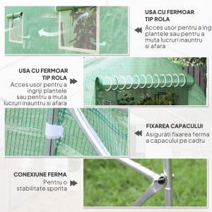 Seră de Grădină Tip Tunel 4x2x2 m cu Uși Rulabile și 6 Ferestre, Seră pentru Legume, Fructe, Flori, Structură Metalică și Acoperire PE, Verde - Img 6