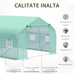 Seră de Grădină Tunel cu Ușă Rulantă, 6 Ferestre și Acoperiș Învelit PE pentru Plante, 3,5x3x2 m, Verde - Img 4