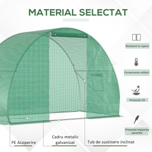 Sera Tunel cu Usa care se Ruleaza si Ferestre cu Copertina PE si Structura din Otel, 150x300x200cm, Verde - Img 4