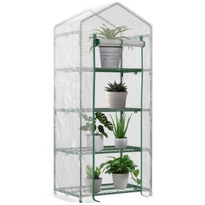 Sera verticala cu etajera cu 4 rafturi, sera pentru balcon si terasa din otel si PE alb, 70x50x160cm - Img 1