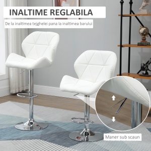 Set 2 Scaune Bar Reglabile, pentru bar si bucătărie, din Piele PU,51,5 x 57,5 x 93-114,5 cm, Alba - Img 4