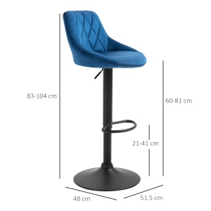 set 2 scaune de bar din efect de catifea,scaune insula bucatarie cu inaltime reglabila si pivotant, 51.5x48x83-104 cm, albastre - Img 3