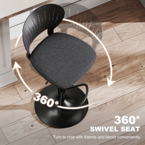 Set 2 Scaune de Bar Reglabile, Scaune de Bucătărie Înalte din Material Textil cu Efect de In cu Spătar, Suport pentru Picioare și Șezut Moale, Cadru Metalic, Scaune Rotative la 360°, Negru - Img 5