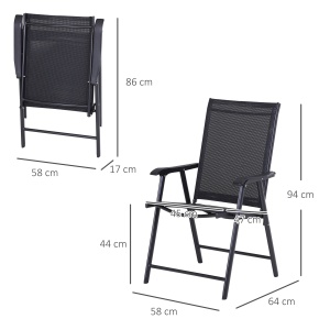 Set 2 Scaune de Grădină Pliabile cu Brațe, Scaune pentru Prânz de Exterior din Metal și Texteline, pentru Terasă, Balcon, Curte, Interior și Exterior, 58x64x94cm, Negru - Img 3