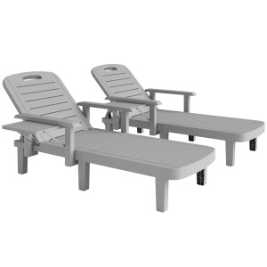 Set 2 Șezlonguri cu Spătar Reglabil în 5 Poziții, Măsuță și Brațe Ergonomice, 79x158x88 cm, Gri