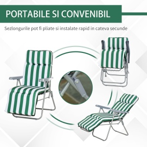 Set 2 sezlonguri de Gradina pentru Plaja cu Brate Reclinabile, Alb si Verde - Img 6