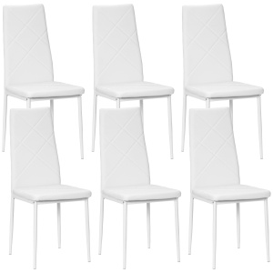 Set 6 Scaune de Sufragerie Tapițate cu Spătar Înalt, Tălpi Antiderapante și Picioare din Oțel, 41x50x97 cm, Alb