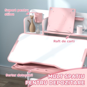 Set Birou pentru Copii 3-12 Ani Reglabil pe Înălțime și Blat Înclinabil la 45°, 80x55x107.5 cm, Culoare Roz - Img 6