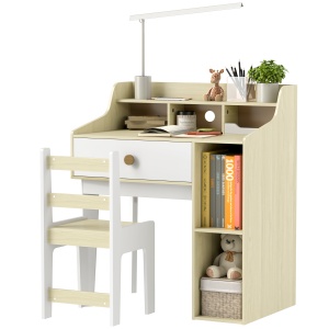 Set Birou pentru Copii cu Raft de Depozitare, Sertar și Scaun din Lemn, 80,4x50x96 cm, Alb