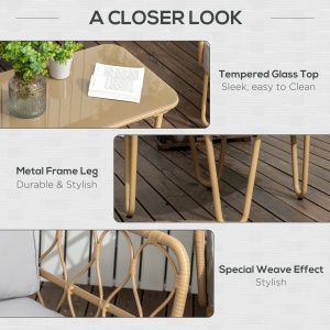 Set canapea din ratan PE din 4 piese, Seturi de mobilier de conversatie pentru gradina impletite, cu impletitura rotunda, cu perne groase capitonate si masuta cu sticla pentru balcon - Img 6