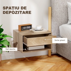 Set de 2 Noptiere Suspendate cu Sertar și Compartiment 37x32x21 cm Lemn Natural - Img 6