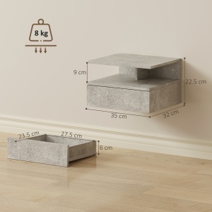 Set de 2 Noptiere Suspendate cu Sertar și Raft Deschis, 35x32x22.5 cm, Gri Ciment - Img 3