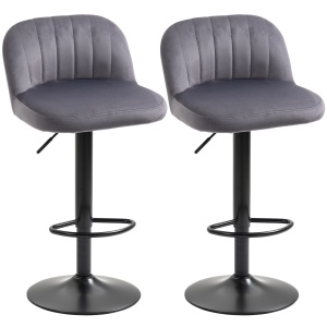 Set de 2 scaune de bar cu efect de catifea cu spatar si suport pentru picioare, 43x45x81-101cm, gri