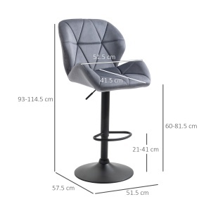 Set de 2 Scaune de Bar cu Înălțime Reglabilă, Bază Metalică și Șezut din Catifea, 51.5x57.5x93-114.5 cm, Gri - Img 3