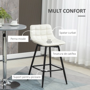 Set de 2 scaune de bar cu spatar si suport pentru picioare, scaune inalte tapitate in stil nordic din metal si catifea, alb-crem, 45x47x84 cm - Img 5