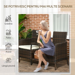 Set de 2 Scaune din Ratan cu Măsuță de Ceai, Canapea pentru 2 Persoane pentru Exterior cu Perne, 38x60x87 cm, Maro - Img 6