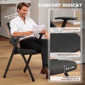 Set de 2 Scaune Pliabile din Material cu Efect de In cu Spătar Curbat și Cotiere, Scaune Pliabile Economice Portabile din Oțel, pentru Casă, Birou, Bucătărie, Evenimente, 61x56x84 cm, Negru - Img 4