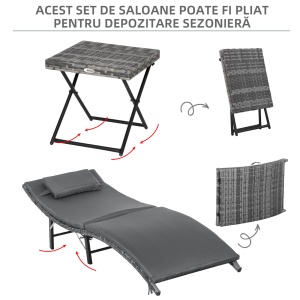 Set de 2 Sezlonguri Pliabile, Sezlong de Gradina din Ratan cu Perne Detasabile Lavabile si Masa Pliabila, Gri - Img 5